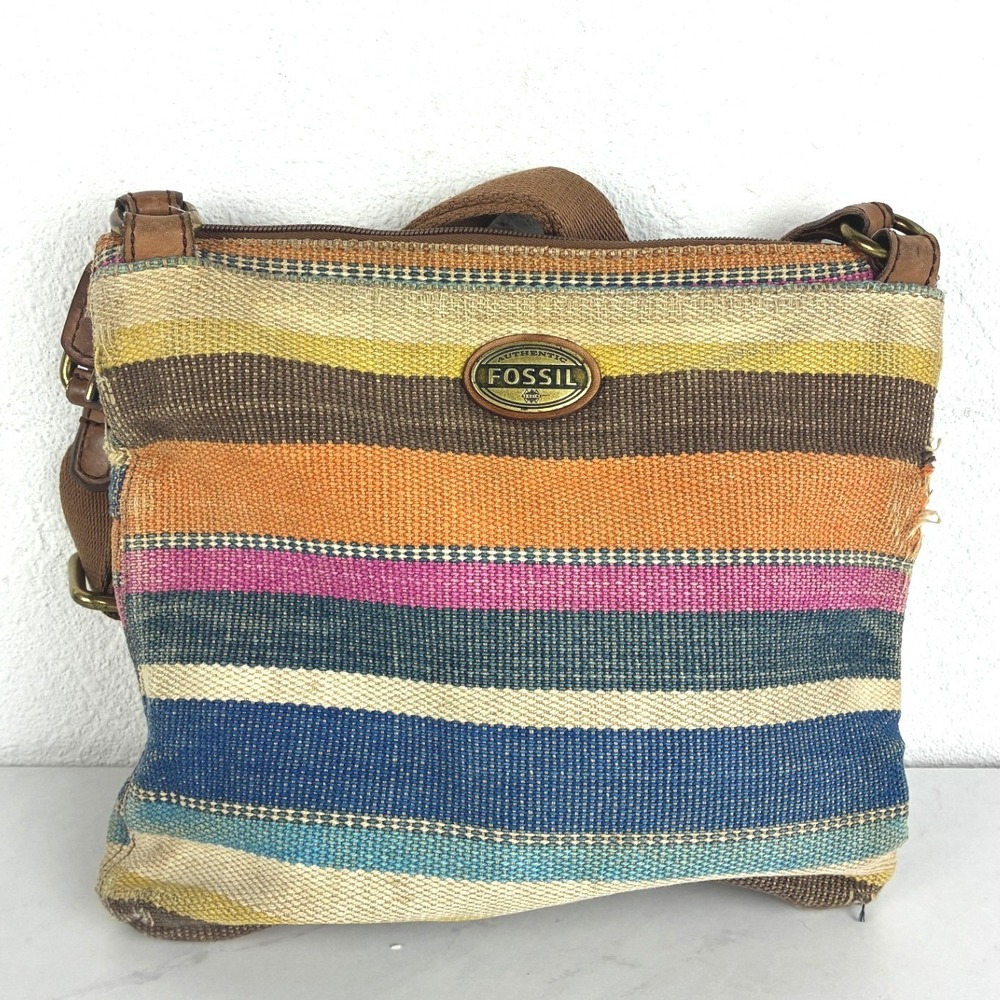 Fossil Multicolor Woven Stripe Crossbody Bag Boho Canvas Strap Flawed